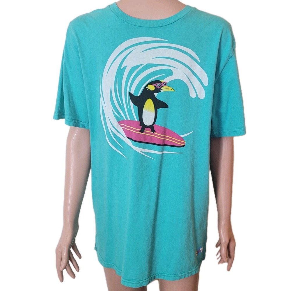 Vintage Toddland surfing penguin T-Shirt men's L teal blue 90s retro Y2K surfer.